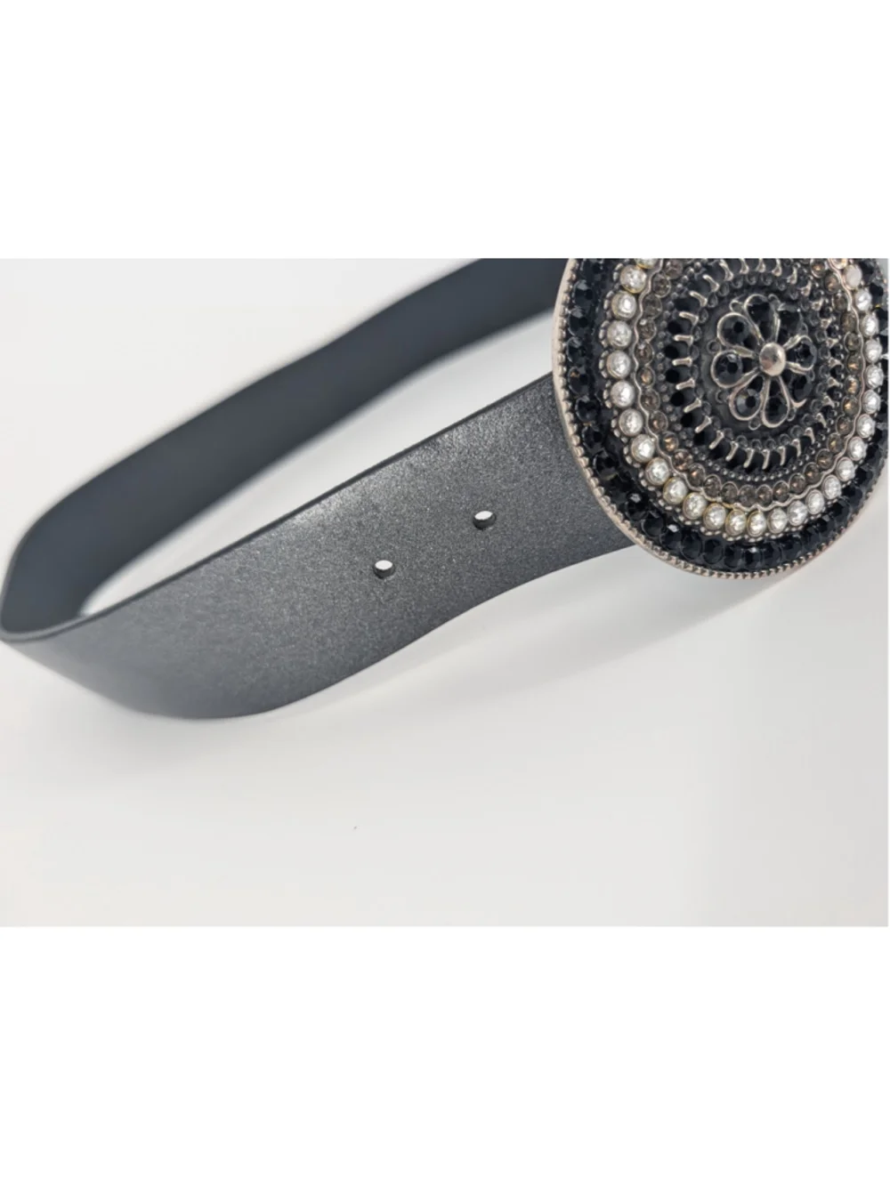 White House Black Market Belt M/L Black Rhinestone Medallion Buckle Wide Belt